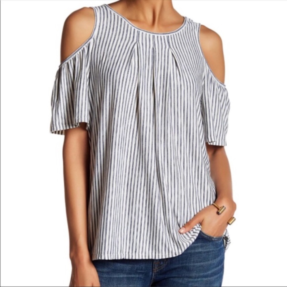 Max Studio Vertical Striped Cold Shoulder Top. La… - image 1